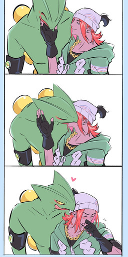 anthro armband beanie bedroom_eyes blush blush_lines caressing_chin chain_necklace clothing covering covering_mouth duo ear_piercing ear_stud embarrassed eyes_closed gloves hair handwear hat headgear headwear heart_symbol holding_chin hoodie human_on_anthro interspecies jewelry kissing larger_male licking licking_lips long_hair male male/male narrowed_eyes necklace passionate_kiss piercing romantic romantic_couple seductive shirt simple_background size_difference smile tongue tongue_out topwear white_background laiweitui nintendo pokemon a_mu_(laiweitui) fang_yuan_(laiweitui) pokemon_trainer generation_3_pokemon human mammal pokemon_(species) reptile scalie sceptile comic hi_res sequence