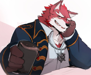 5_fingers anthro blush blush_lines clothing fingers jewelry looking_at_viewer looking_back male necklace red_eyes smile solo sollyz knights_college diederich_olsen canid canine canis mammal wolf 2021