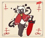 anthro barefoot bell biped black_body black_eyes cloak closed_smile clothing feet fingers holding_melee_weapon holding_object holding_sword holding_weapon horizontal_pupils horn jingle_bell male melee_weapon mouth_closed multicolored_body pupils simple_background smile solo standing sword weapon white_body divucup cult_of_the_lamb massive_monster_(studio) lamb_(cult_of_the_lamb) bovid caprine mammal sheep absurd_res hi_res