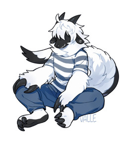 anthro black_body black_claws black_fur black_horn black_tail blue_bottomwear blue_clothing blue_pants bottomwear claws clothed clothing fluffy fluffy_tail front_view fur grey_clothing grey_shirt grey_t-shirt grey_topwear hair hair_over_eyes horn male messy_hair pants pattern_clothing pattern_topwear shirt simple_background sitting solo spread_legs spreading striped_clothing striped_topwear stripes t-shirt tail topwear unsigned white_background white_body white_clothing white_fur white_hair white_shirt white_t-shirt white_tail white_topwear asnnonaka valle_(asnnonaka) full-length_portrait hi_res portrait