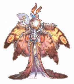 4_arms antennae_(anatomy) anthro arm_fluff armor blue_eyes bottomwear clothing compound_eyes female folding_fan insect_wings jewelry multi_arm multi_limb neck_tuft plate_armor simple_background skirt solo tuft white_background wings drachenmagier mothra_(series) toho mothra arthropod insect lepidopteran moth