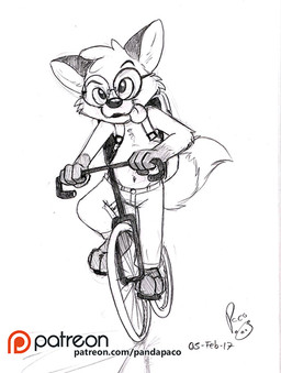 anthro barefoot bicycle bottomwear cheek_tuft clothed clothing dipstick_tail eyewear facial_tuft feet front_view glasses glistening glistening_nose head_tuft male male_anthro markings navel pants patreon_logo riding_bike round_glasses school_bag solo tail tail_markings tongue tongue_out topless tuft vehicle young young_anthro young_male pandapaco patreon canid canine mammal 2017 dated spot_color
