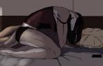 2017 absurd_res anthro bed bedding bedroom big_ears biped blanket breasts cellphone clothing digital_media_(artwork) electronics female fur furniture grey_body grey_fur hair hi_res hierro hierro_(artist) kneeling panties phone pillow sitting solo underwear