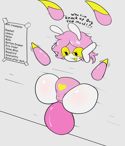 anthro anus blush blush_lines female genitals glistening glistening_body hair heart_(marking) heart_symbol legs_up markings pink_anus pink_hair solo text thick_thighs through_wall vulva wall_(structure) defunctumbra bug_(sodabug) arthropod insect mantis 2023 absurd_res english_text hi_res
