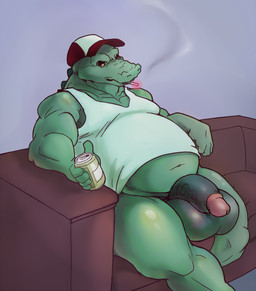 alcohol athletic athletic_male balls beer beverage beverage_can biceps big_balls bottomless can cigarette clothed clothing container darkened_genitalia flaccid furniture genitals green_balls green_penis hat headgear headwear huge_balls male non-mammal_balls overweight overweight_male partially_clothed pecs penis shirt sitting smoke smoking sofa solo spikes tank_top teeth topwear unknown_artist night_in_the_woods crocodile crocodilian reptile scalie hi_res