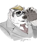 adjusting_glasses anthro black_hair blonde_hair claws clothing dress_shirt eyewear finger_claws fur glasses green_eyes grey_clothing grey_suit hair hand_on_glasses looking_at_viewer male necktie red_necktie shirt solo suit topwear white_body white_clothing white_fur white_shirt white_topwear nightterror bear mammal polar_bear ursine 2019 dated hi_res signature