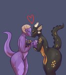 absurd_res anthro black_body blue_eyes bodily_fluids breasts brown_nipples duo egg eyes_closed female female/female heart_symbol hi_res horn klank_(spark.kobbo) kobold naughty_skeleton nipples nuzzling orange_body purple_body risque_(jellicledry) romantic romantic_couple scalie smile sweat thick_thighs yellow_eyes