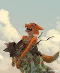 anthro clothed clothing cloud duo eyebrow_piercing eyes_closed facial_piercing female fur happy hug male orange_body orange_fur piercing sky skyscape smile nosugarnohoney dreamworks the_bad_guys diane_foxington mr._wolf_(the_bad_guys) canid canine canis fox mammal wolf digital_media_(artwork) hi_res