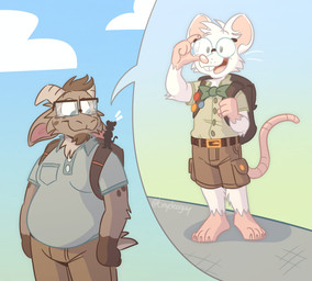 adjusting_glasses anthro backpack barefoot belt belt_buckle black_eyes blue_polo_shirt blue_sky bottomwear brown_body brown_fur brown_hair buckle buckteeth button_(fastener) cargo_shorts carrying_another claws clothing collared_shirt detailed_background duo eyewear facial_hair feet fur glasses goatee gradient_background green_button-down_shirt hair horn khaki_pants male markings nerd on_shoulder open_mouth outside overweight overweight_male polo_shirt shirt shirt_pocket short_sleeved_shirt shorts simple_background size_difference sky smile spots spotted_markings teeth tongue_showing topwear tucked_in_shirt wearing_backpack white_body white_clouds white_fur tinydeerguy gary_(tinydeerguy) unnnamed_mouse_(tinydeerguy) bovid caprine goat mammal mouse murid murine rodent hi_res