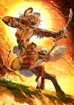 accessory action_pose anthro armor arrow_(weapon) belt belt_pouch bow_(weapon) bra bracers breasts brown_body brown_fur claws clothing ear_piercing ear_ring feet female finger_claws fingerless_gloves foot_wraps fur gloves hair hair_accessory hair_ring handwear holding_bow_(weapon) holding_object holding_ranged_weapon holding_weapon leather leather_strap leg_armor motion_blur piercing pose purple_eyes quiver_(object) ranged_weapon ring_piercing solo straps tail text underwear weapon wraps yamainu_ken arenas_(lth935) african_wild_dog canid canine mammal 2023 artist_name digital_media_(artwork) hi_res signature