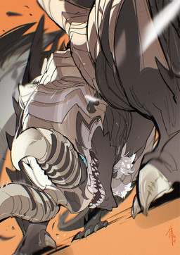 2_horns ambiguous_gender black_body black_claws blue_eyes claws contiguous_snout countershade_tail countershading dutch_angle fangs feral front_view fur grey_claws head_horn horn low-angle_view motion_lines multicolored_body open_mouth orange_background pupils simple_background snout solo tail tan_body teeth white_body white_fur white_sclera chiayeeee monster 2025 digital_drawing_(artwork) digital_media_(artwork) hi_res