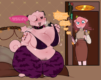 areola areola_slip bat_print bed bedroom_eyes belly big_breasts big_butt black_bra black_clothing black_collar black_ear_tips black_mascara black_underwear blue_eyes blush blush_lines blush_stickers blushing_profusely bodily_fluids bottomwear bra breasts bulge butt cartoon_freckles clothed clothing collar dialogue dipstick_ears door duo ear_markings ear_piercing electronics eyelashes eyeshadow female freckled_face freckles furniture genital_fluids glistening_eyelids gynomorph hair heart_symbol huge_breasts huge_butt inside intersex leggings legwear lgbt_pride long_eyelashes makeup markings mascara motion_lines multicolored_ears narrowed_eyes navel on_bed open_mouth partially_clothed phone piercing pink_body pink_hair pink_skin pink_tail precum precum_through_clothing pride_colors pube_peek pubes pubes_exposed purple_clothing purple_leggings purple_legwear seductive sharp_tooth short_hair sitting skirt slightly_chubby slightly_chubby_female speech_bubble spiked_collar spiked_shoulders spikes steamy_breath sweater tail text topwear transgender_pride_colors tremble_lines underwear wet wet_clothing toxybabu nintendo pokemon ghulia_(c3ga) nara_(toxybabu) clefairy generation_1_pokemon jigglypuff pokemon_(species) english_text hi_res