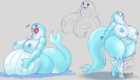 anthro belly big_belly big_breasts blue_belly blue_body blue_butt blue_tail breasts burping butt eyes_closed female grey_background holding_breast huge_belly huge_breasts huge_thighs sea simple_background solo tail thick_thighs water weasel_k aquatic baleen_whale blue_whale cetacean mammal whale 2025 watermark