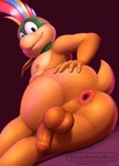 aged_up anthro anus balls big_butt butt flaccid genitals hair hand_on_butt humanoid_genitalia humanoid_penis looking_at_viewer looking_back male mohawk nipples nude pecs penis ponytail presenting presenting_anus presenting_hindquarters simple_background smile solo tail text thick_thighs timidwithapen mario_bros nintendo koopaling lemmy_koopa koopa scalie digital_media_(artwork) hi_res url