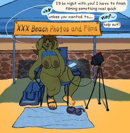 anthro beach belly breasts brown_hair camera clothed clothing dialogue exposed_breasts feet female footwear freckles hair humanoid_feet masturbation nipples overweight overweight_anthro overweight_female plantigrade public public_masturbation raised_clothing raised_topwear recording sandals seaside shadow shoes sitting solo talking_to_viewer text topwear vaginal vaginal_masturbation yellow_body kaboozey lilia_(kaboozey) canid canine canis domestic_dog mammal 2020 english_text hi_res