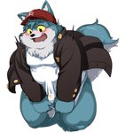 5_fingers anthro belly black_nose blue_body blush bulge clothing ears_up fingers hat headgear headwear humanoid_hands kemono male overweight overweight_male shirt simple_background solo teeth tongue topwear white_background dokyudokyu1 canid canine mammal 1:1 2022 hi_res