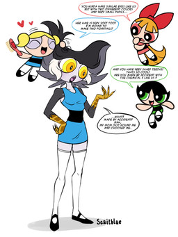 breasts brush brushing brushing_hair clothing cosplay dress female group hair legwear lipstick makeup non-mammal_breasts personal_grooming sharp_teeth short_dress small_breasts solo styling_hair teeth text thigh_highs yellow_eyes g-blue16 cartoon_network powerpuff_girls blossom_(powerpuff_girls) bubbles_(powerpuff_girls) buttercup_(powerpuff_girls) odeth_poensis avian bird human mammal owl 2025 3:4 absurd_res english_text hi_res