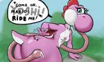 breasts butt dialogue female long_tongue nipples non-mammal_breasts pink_body pink_skin pokemon_speak presenting presenting_hindquarters smooth_skin solo speech_bubble text tongue tongue_out nsfy_(artist) mario_bros nintendo pink_yoshi reptile scalie yoshi english_text