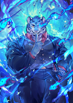 ambiguous_gender anthro bottomwear business_suit claws clothing duo feral finger_to_mouth glowing glowing_eyes hand_in_pocket looking_at_viewer male open_mouth pants pockets smile suit yellow_eyes wolftapioca felid mammal pantherine spirit tiger 2026 absurd_res digital_media_(artwork) hi_res