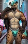 abs anthro bulge city city_background clothed clothing countershading fangs fur male markings muscular muscular_anthro muscular_male navel nipples outside pecs public smile solo speedo spots spotted_body spotted_fur swimwear tan_body tan_fur teeth topless topless_male urban juiceps juice_(character) hyena mammal spotted_hyena 2022