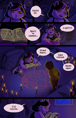 3_toes adolescent anthro barefoot bed bedroom black_hair black_lips book bottomwear brown_hair candle candlelight clothing crossed_legs dialogue duo ear_piercing ear_ring eyeliner fangs feet female fur furniture gesture hair hand_gesture highlights_(coloring) inside light lips looking_at_another makeup male night occult occult_symbol occultism open_mouth pants pawpads paws piercing pointing purple_highlights ring_piercing ritual shadow shirt sitting sitting_on_ground smile speech_bubble spellbook standing sweater symbol tail talking_to_another tank_top teeth text toes topwear white_body white_fur window yellow_eyes young lynxgriffin deltarune undertale_(series) catti_cattenheimer kris_dreemurr domestic_cat felid feline felis human mammal comic english_text hi_res lighting shaded