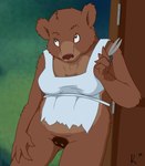 anthro apron apron_only breasts brown_body brown_fur cleavage clothed clothing female fur genitals holding_object looking_up mature_anthro mature_female pussy scissors solo torn_clothing suce little_bear mother_bear bear mammal