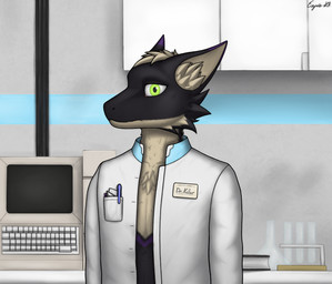 anthro badge black_body black_fur book clothing coat computer computer_monitor electronics flask fur green_eyes lab_coat laboratory male multicolored_body multicolored_fur scientist solo standing tan_body tan_fur topwear unbuttoned_topwear wall_cabinet ekspie-a01 dr.keller_(ekspie-a01) hybrid laceverna_(ekspie-a01) mammal hi_res