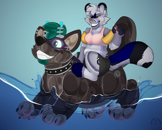 antennae_(anatomy) duo eyewear feet female goggles green_hair hair hindpaw imminent_death implied_popping inflatable male nozzle paws pool_float pool_toy sewing_pin swimming water carifoxleopard foxosexual_(lane) animate_inanimate canid canine felid fox leopard living_inflatable mammal pantherine snow_leopard tibetan_sand_fox true_fox 5:4