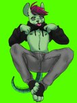 anthro black_clothing black_topwear bottomwear clothing femboy green_background green_body grey_bottomwear grey_clothing grey_pants highlights_(coloring) lime_green male nipples pants ringed_eyes simple_background solo teasing teasing_viewer tongue tongue_out topwear maiseyissilly biizziiy mammal mouse murid murine rodent 3:4