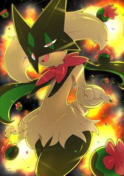 3_fingers ambiguous_gender anthro claws cute_fangs explosion fangs finger_claws fingers flower_(anatomy) flower_trick fur green_body green_fur mask open_mouth pink_eyes pink_nose solo standing teeth matchstick_39 nintendo pokemon generation_9_pokemon meowscarada pokemon_(species) hi_res