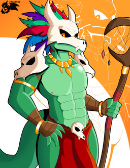 abs anthro bone green_body male muscular muscular_male skull solo phunter15 terraria witch_doctor_(terraria) lihzahrd lizard reptile scalie hi_res