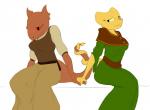 anthro duo entwined_tails female hand_holding simple_background tail tail_coil zokva bethesda_game_studios microsoft oblivion prequel_adventure the_elder_scrolls katia_managan quill-weave argonian felid khajiit mammal scalie