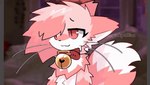 ambiguous_gender anthro bell bell_collar bouncing collar countershading fur hair hair_over_eye neck_tuft one_eye_obstructed open_mouth pink_body pink_ears pink_fur pink_hair red_collar red_eyes smile solo tail tail_tuft tuft white_body white_countershading white_fur pinkpoffinz puffi_(pinkpoffinz) canid canine domestic_cat felid feline felis fox hybrid mammal 2023 animated artist_name digital_media_(artwork) short_playtime