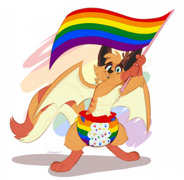 ambiguous_gender anthro big_diaper blue_eyes brown_horn cheek_tuft chest_tuft clean_diaper clothed clothing diaper facial_tuft flag flag_(object) fur head_tuft holding_flag holding_object horn lgbt_pride looking_at_viewer markings membrane_(anatomy) membranous_wings orange_body orange_fur orange_markings pride_color_diaper pride_color_flag pride_colors simple_background solo standing tail tuft wearing_diaper wings orlandofox bat canid canine fox mammal 2024 colored colored_sketch flat_colors guide_lines hi_res sketch