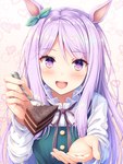 blush bow_tie cake clothing cutlery dessert female food fork hair kitchen_utensils looking_at_viewer offering_food open_mouth purple_eyes purple_hair shirt solo tools topwear akasiosio cygames uma_musume_pretty_derby mejiro_mcqueen_(pretty_derby) animal_humanoid equid equid_humanoid equine equine_humanoid horse_humanoid humanoid mammal mammal_humanoid 2021 3:4 hi_res