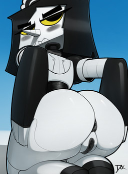 annoyed anus big_butt black_hair blush butt butt_focus clothing female genitals hair hand_on_butt hands_behind_back kneeling machine maid_uniform pointy_nose robotic_arms simple_background solo square_head squishing_ass uniform vulva white_body yellow_eyes mrdoccon humanoid robot robot_humanoid 2025 digital_media_(artwork) hi_res signature