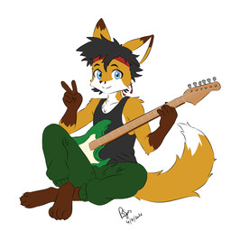 accessory anthro barefoot blue_eyes clothing crossed_legs crosslegged_pose electric_guitar feet fur gesture grey_hair guitar hair hand_gesture headband male musical_instrument orange_body orange_fur plucked_string_instrument red_headband sitting solo string_instrument v_sign white_body white_fur nmf_guy bebo_(nmf_guy) canid canine fox mammal 1:1 hi_res