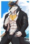 abs anthro belt_buckle blonde_hair blue_eyes buckle clothed clothing fur hair male muscular muscular_anthro muscular_male shirt solo suit tail topwear white_body yellow_eyes arvie vortiganshine canid canine canis mammal wolf absurd_res hi_res