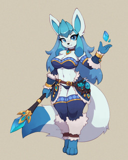 abs anthro anthrofied big_breasts blue_body blue_eyes blue_fur blue_hair blush blush_lines breasts clothing eyelashes female fur hair holding_object legwear looking_at_viewer magic_user navel panties paws pokemorph simple_background solo staff tail underwear asimos nintendo pokemon eeveelution generation_4_pokemon glaceon pokemon_(species) 2024 4:5 hi_res signature