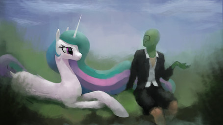 :< ?_face clothed clothing crossed_legs dock_(anatomy) duo eyelashes feathered_wings feathers female feral green_body green_skin hair horn long_hair lying male multicolored_hair on_front outside sitting suit tail white_body white_skin wings remi721 friendship_is_magic hasbro my_little_pony mythology anon princess_celestia_(mlp) equid equine human mammal mythological_creature mythological_equine winged_unicorn 16:9 hi_res widescreen