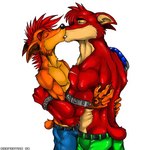 1:1 2008 activision anthro arody bandicoot belt bottomwear clothed clothing crash_bandicoot crash_bandicoot_(series) crunch_bandicoot duo embrace eyes_closed hug kissing male male/male mammal marsupial muscular pants scar topless