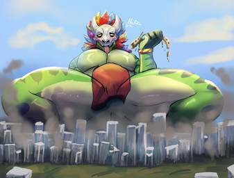 anthro big_bulge blush bulge city city_destruction destruction macro male muscular muscular_male pecs solo tongue tongue_out kt_shaddow terraria witch_doctor_(terraria) lizard reptile scalie absurd_res hi_res