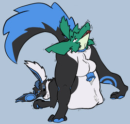 abdominal_bulge almost_fully_inside anal anal_vore animal_genitalia animal_penis anthro ass_up big_tail black_body black_fur bodily_fluids bulge dripping duo equine_genitalia equine_penis fur genital_fluids genitals green_body green_fur horn jack-o'_pose larger_sub leaking_precum male male/male markings monotone_background nose_scar penis pose precum precum_drip simple_background size_difference smaller_pred submissive tail tail_tuft thick_thighs tight_fit tuft vore willing_prey geese_(artist) azure_(shinywark) beef_fungus_geese monster sergal unknown_species