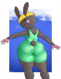 anthro big_butt blonde_hair bottom_heavy breasts butt clothing cloud cotton_tail dialogue eyelashes female fur gloves_(marking) green_clothing grey_body grey_fur hair looking_back markings open_mouth open_smile rear_view rosy_cheeks short_hair sky smile solo speech_bubble talking_to_viewer text thick_thighs wide_hips yellow_nose unfunnybill animal_crossing nintendo bonbon_(animal_crossing) lagomorph leporid mammal rabbit absurd_res hi_res