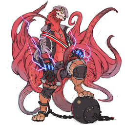 anthro bone bulge chain clothed clothing digitigrade electricity glowing glowing_eyes jewelry male necklace skull solo tentacles jacketbear chimera hybrid 1:1 2015