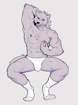 abs anthro black_sclera briefs bulge clothed clothing crouching detailed_bulge fangs footwear fur grey_background grey_body grey_fur male muscular muscular_anthro muscular_male nipple_fetish nipple_pinch nipple_play nipples pinch scar simple_background socks solo teeth topless topless_male underwear jrjresq elden_ring fromsoftware blaidd_(elden_ring) canid canine canis mammal wolf hi_res