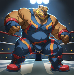 anthro aroused aroused_male backlighting barazoku beard belly big_belly big_bulge big_muscles big_pecs blonde_beard blonde_eyebrows blonde_facial_hair blonde_hair blonde_mustache blonde_sideburns blue_boots blue_clothing blue_eyes blue_footwear blue_gloves blue_handwear boots brown_body brown_fur bulge claws clothing eyebrows facial_hair fighting_ring fingerless_gloves fist footwear fur gloves hair handwear intimidation light male manly mature_anthro mature_male musclegut muscular muscular_anthro muscular_arms muscular_male muscular_thighs mustache orange_clothing overhead_lighting pecs red_boots red_clothing red_footwear red_gloves red_handwear shadow shoes sideburns solo stadium stadium_lighting standing tenting thick_arms thick_thighs tough_guy wide_stance wrestler wrestler_costume wrestling wrestling_clothing wrestling_match wrestling_outfit wrestling_singlet magniursus fatal_fury bear mammal ursine lighting