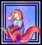 2017 abstract_background ambiguous_gender anthro bottomless claws clothed clothing crocodilian digital_drawing_(artwork) digital_media_(artwork) digitigrade eyelashes full-length_portrait jaspering pattern_clothing pattern_shirt pattern_topwear pink_body pink_scales portrait pupils reptile scales scalie semi-anthro shaded sharp_teeth shirt side_view sitting_on_tail slit_pupils soft_shading solo teal_claws teal_eyes teal_teeth teeth topwear