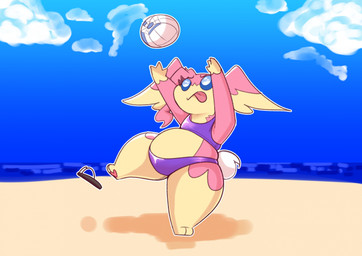 anthro ball beach belly bikini black_eyebrows blue_sclera blue_sky clothing cloud colore eyebrows female multicolored_body outside pink_body pink_ears pink_tongue pokemorph purple_bikini purple_bikini_bottom purple_bikini_top purple_clothing purple_swimwear reaching sand scut_tail sea short_tail sky slightly_chubby slightly_chubby_anthro slightly_chubby_female solo swimwear tail tan_body tan_ears tongue tongue_out two-piece_swimsuit two_tone_body volleyball_(ball) water white_eyes white_tail goopyarts nintendo pokemon audino generation_5_pokemon pokemon_(species) 2025 cel_shading digital_media_(artwork) hi_res shaded