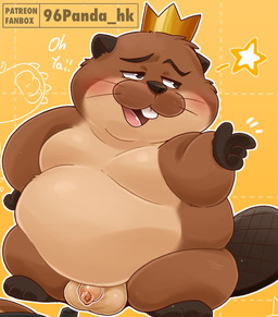 anthro balls belly blush brown_body crown flaccid genitals headgear kemono king male micropenis moobs open_mouth overweight overweight_male penis royalty small_penis solo standing 96panda disney hoppers_(disney) pixar king_george_(hoppers) beaver mammal rodent 2026 hi_res